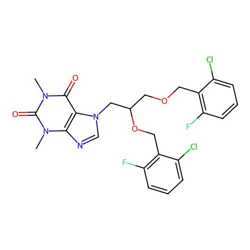 7-(2,3-bis((2-chloro-6-fluorobenzyl)oxy)propyl)-1,3-dimethyl-1H-purine-2,6(3H,7H)-dione structure