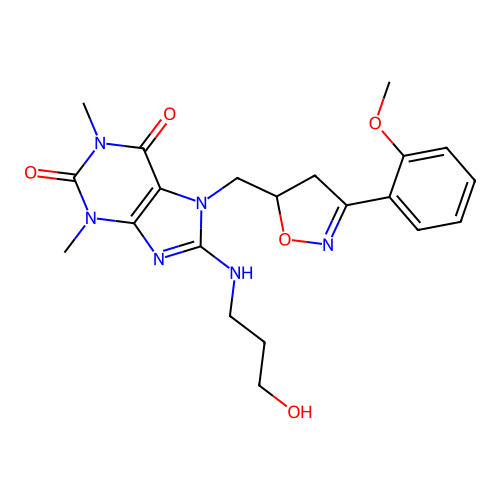 8-((3-hydroxypropyl)amino)-7-((3-(2-methoxyphenyl)-4,5-dihydroisoxazol-5-yl)methyl)-1,3-dimethyl-1H-purine-2,6(3H,7H)-dione structure