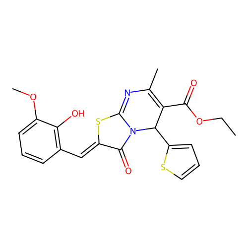 ethyl (2E)-2-[(2-hydroxy-3-methoxyphenyl)methylidene]-7-methyl-3-oxo-5-(thiophen-2-yl)-2H,3H,5H-[1,3]thiazolo[3,2-a]pyrimidine-6-carboxylate structure