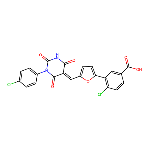 4-chloro-3-(5-{(E)-[1-(4-chlorophenyl)-2,4,6-trioxotetrahydropyrimidin-5(2H)-ylidene]methyl}furan-2-yl)benzoic acid structure