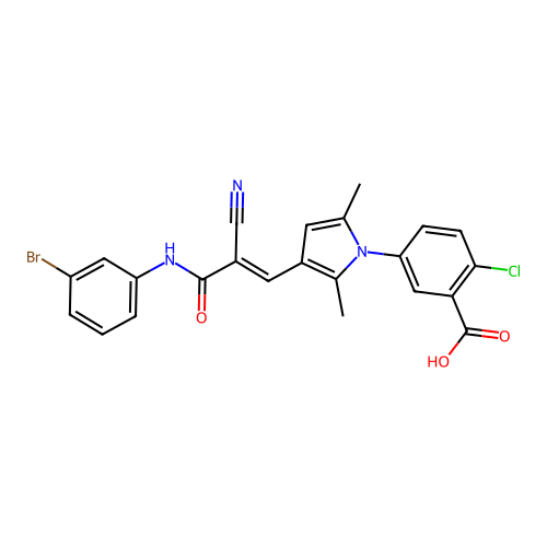 5-(3-{(1E)-3-[(3-bromophenyl)amino]-2-cyano-3-oxoprop-1-en-1-yl}-2,5-dimethyl-1H-pyrrol-1-yl)-2-chlorobenzoic acid structure