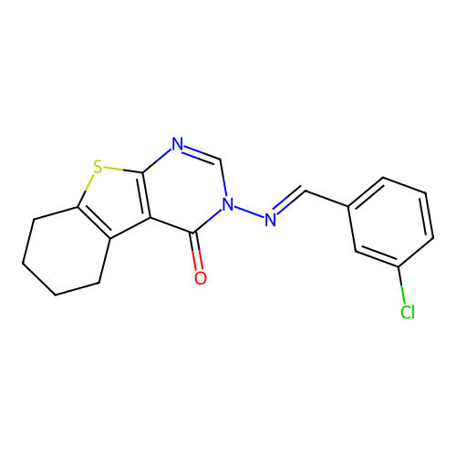 3-[(E)-(3-chlorophenyl)methylideneamino]-5,6,7,8-tetrahydro-[1]benzothiolo[2,3-d]pyrimidin-4-one structure