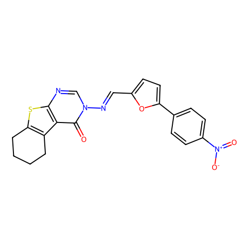 3-[(E)-[5-(4-nitrophenyl)furan-2-yl]methylideneamino]-5,6,7,8-tetrahydro-[1]benzothiolo[2,3-d]pyrimidin-4-one structure