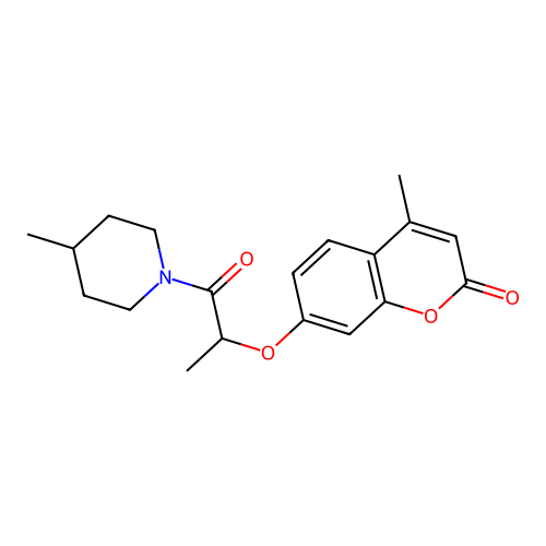 4-methyl-7-((1-(4-methylpiperidin-1-yl)-1-oxopropan-2-yl)oxy)-2H-chromen-2-one structure