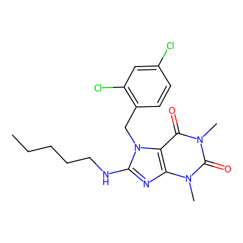 7-[(2,4-dichlorophenyl)methyl]-1,3-dimethyl-8-(pentylamino)purine-2,6-dione structure