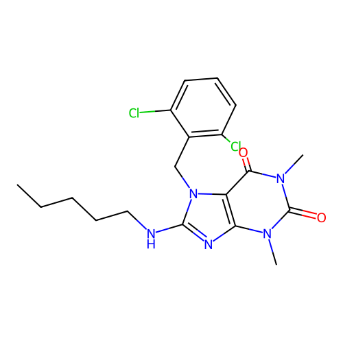 7-[(2,6-dichlorophenyl)methyl]-1,3-dimethyl-8-(pentylamino)purine-2,6-dione structure