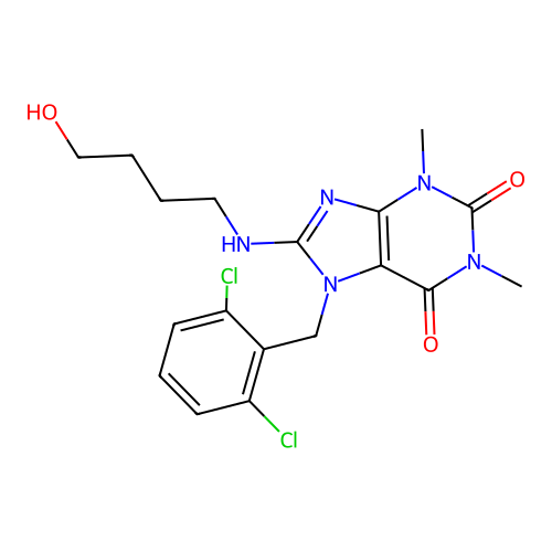 7-[(2,6-dichlorophenyl)methyl]-8-(4-hydroxybutylamino)-1,3-dimethyl-purine-2,6-dione structure