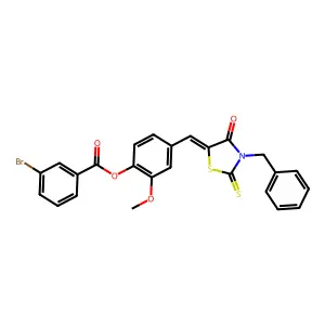 4-[(Z)-(3-benzyl-4-oxo-2-thioxo-1,3-thiazolidin-5-ylidene)methyl]-2-methoxyphenyl 3-bromobenzoate structure