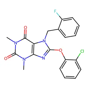 8-(2-Chlorophenoxy)-7-[(2-fluorophenyl)methyl]-1,3-dimethylpurine-2,6-dione structure