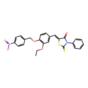 (5E)-5-[[3-ethoxy-4-[(4-nitrophenyl)methoxy]phenyl]methylidene]-3-phenyl-2-sulfanylidene-1,3-thiazolidin-4-one structure