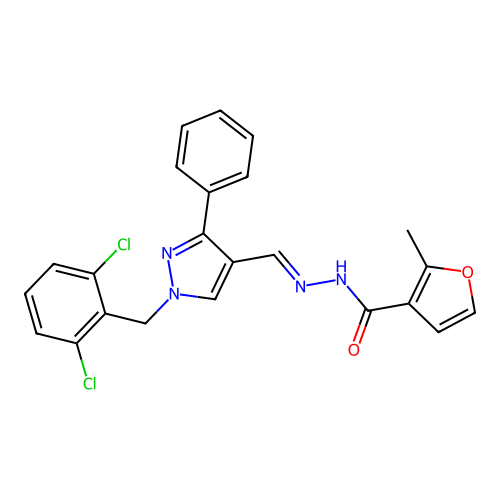 N-[(E)-[1-[(2,6-dichlorophenyl)methyl]-3-phenylpyrazol-4-yl]methylideneamino]-2-methylfuran-3-carboxamide structure