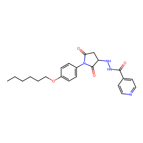 N'-{1-[4-(hexyloxy)phenyl]-2,5-dioxopyrrolidin-3-yl}pyridine-4-carbohydrazide structure