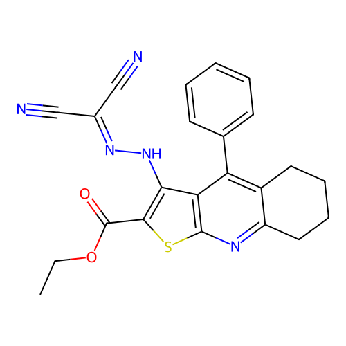 ethyl 3-[2-(dicyanomethylidene)hydrazinyl]-4-phenyl-5,6,7,8-tetrahydrothieno[2,3-b]quinoline-2-carboxylate structure