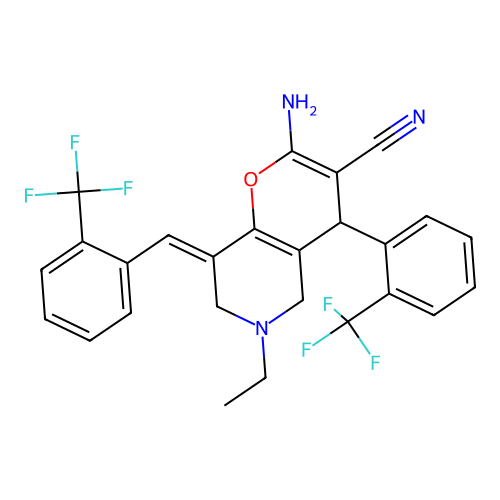 (8E)-2-amino-6-ethyl-4-[2-(trifluoromethyl)phenyl]-8-[[2-(trifluoromethyl)phenyl]methylidene]-5,7-dihydro-4H-pyrano[3,2-c]pyridine-3-carbonitrile structure