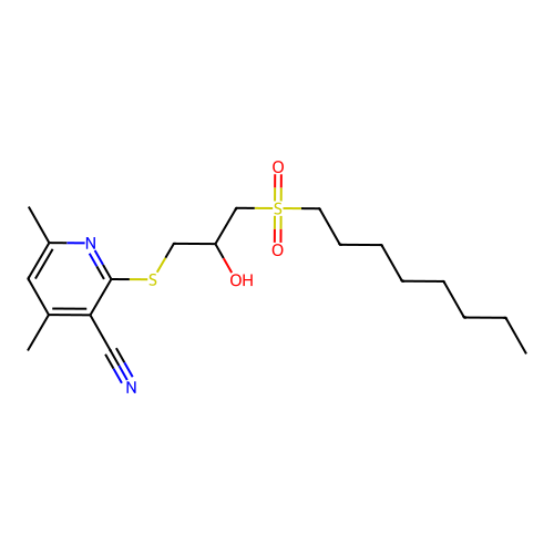 2-((2-hydroxy-3-(octylsulfonyl)propyl)thio)-4,6-dimethylnicotinonitrile structure