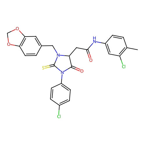 2-[3-(1,3-benzodioxol-5-ylmethyl)-1-(4-chlorophenyl)-5-oxo-2-thioxoimidazolidin-4-yl]-N-(3-chloro-4-methylphenyl)acetamide structure