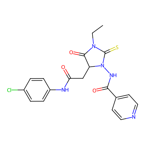 N-(5-{2-[(4-chlorophenyl)amino]-2-oxoethyl}-3-ethyl-4-oxo-2-thioxoimidazolidin-1-yl)pyridine-4-carboxamide structure