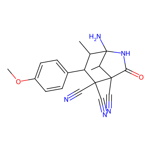 5-Amino-3-(4-methoxyphenyl)-4,8-dimethyl-7-oxo-6-azabicyclo[3.2.1]octane-1,2,2-tricarbonitrile structure