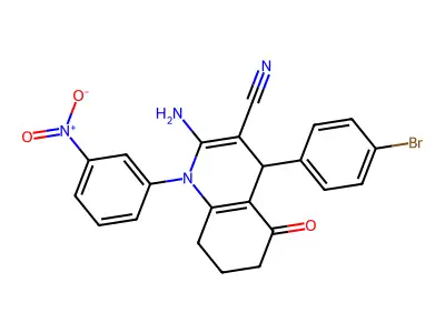 2-amino-4-(4-bromophenyl)-1-(3-nitrophenyl)-5-oxo-4,6,7,8-tetrahydroquinoline-3-carbonitrile structure