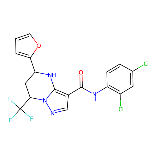 N-(2,4-dichlorophenyl)-5-(furan-2-yl)-7-(trifluoromethyl)-4,5,6,7-tetrahydropyrazolo[1,5-a]pyrimidine-3-carboxamide structure