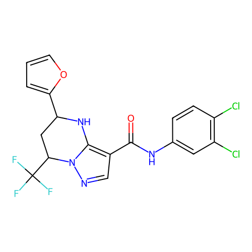 N-(3,4-dichlorophenyl)-5-(furan-2-yl)-7-(trifluoromethyl)-4,5,6,7-tetrahydropyrazolo[1,5-a]pyrimidine-3-carboxamide structure