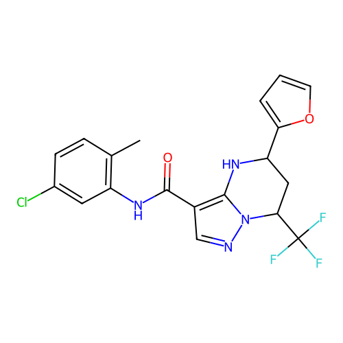 N-(5-chloro-2-methylphenyl)-5-(furan-2-yl)-7-(trifluoromethyl)-4,5,6,7-tetrahydropyrazolo[1,5-a]pyrimidine-3-carboxamide structure