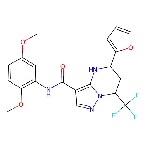 N-(2,5-dimethoxyphenyl)-5-(furan-2-yl)-7-(trifluoromethyl)-4,5,6,7-tetrahydropyrazolo[1,5-a]pyrimidine-3-carboxamide structure