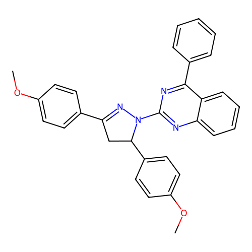 2-(3,5-bis(4-methoxyphenyl)-4,5-dihydro-1H-pyrazol-1-yl)-4-phenylquinazoline structure