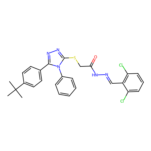 2-{[5-(4-tert-butylphenyl)-4-phenyl-4H-1,2,4-triazol-3-yl]sulfanyl}-N'-[(E)-(2,6-dichlorophenyl)methylidene]acetohydrazide structure
