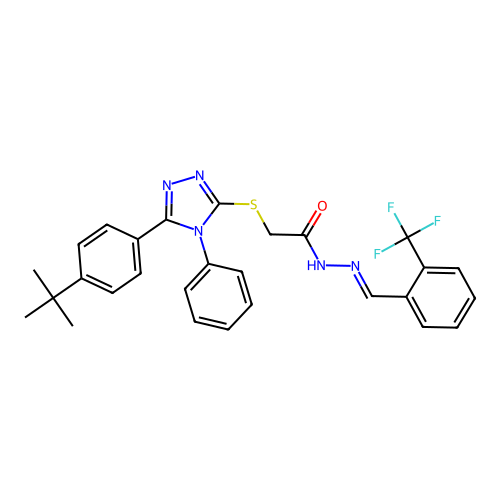 2-{[5-(4-tert-butylphenyl)-4-phenyl-4H-1,2,4-triazol-3-yl]sulfanyl}-N'-{(E)-[2-(trifluoromethyl)phenyl]methylidene}acetohydrazide structure