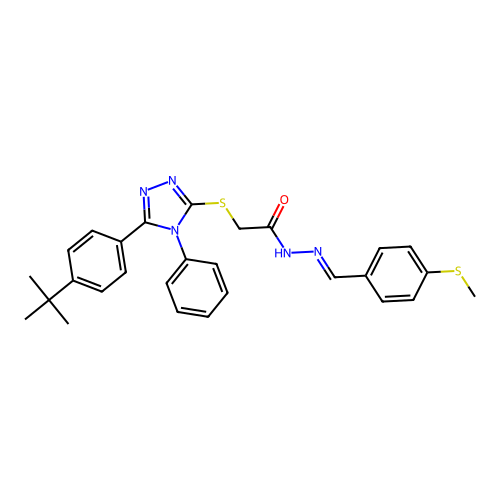 2-{[5-(4-tert-butylphenyl)-4-phenyl-4H-1,2,4-triazol-3-yl]sulfanyl}-N'-{(E)-[4-(methylsulfanyl)phenyl]methylidene}acetohydrazide structure