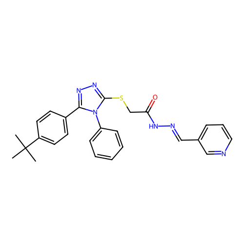 (E)-2-((5-(4-(tert-butyl)phenyl)-4-phenyl-4H-1,2,4-triazol-3-yl)thio)-N'-(pyridin-3-ylmethylene)acetohydrazide structure