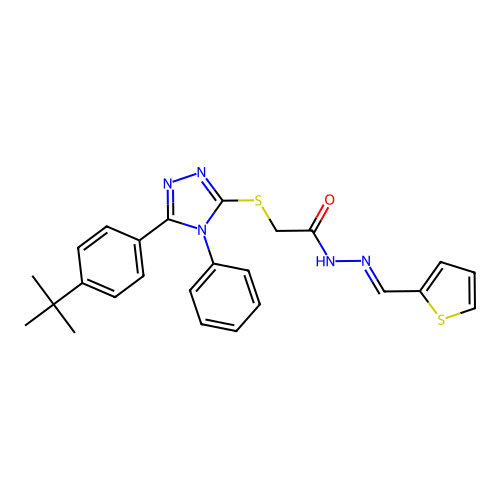 (E)-2-((5-(4-(tert-butyl)phenyl)-4-phenyl-4H-1,2,4-triazol-3-yl)thio)-N'-(thiophen-2-ylmethylene)acetohydrazide structure