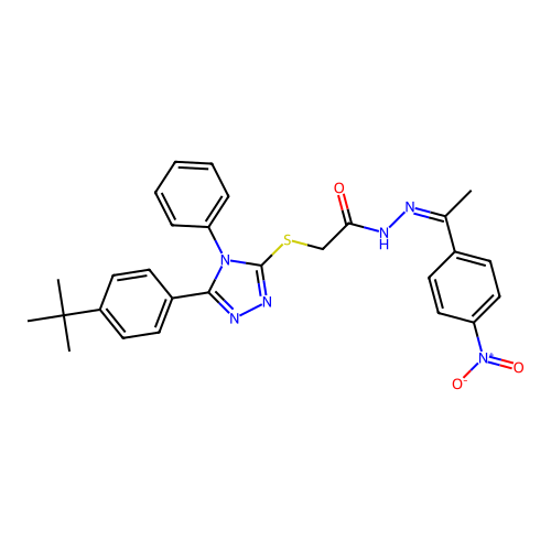 (Z)-2-((5-(4-(tert-butyl)phenyl)-4-phenyl-4H-1,2,4-triazol-3-yl)thio)-N'-(1-(4-nitrophenyl)ethylidene)acetohydrazide structure
