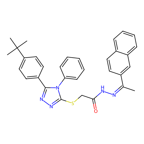 (Z)-2-((5-(4-(tert-butyl)phenyl)-4-phenyl-4H-1,2,4-triazol-3-yl)thio)-N'-(1-(naphthalen-2-yl)ethylidene)acetohydrazide structure
