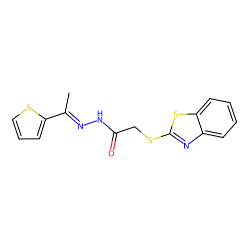 2-(1,3-benzothiazol-2-ylsulfanyl)-N'-[(1E)-1-(thiophen-2-yl)ethylidene]acetohydrazide structure