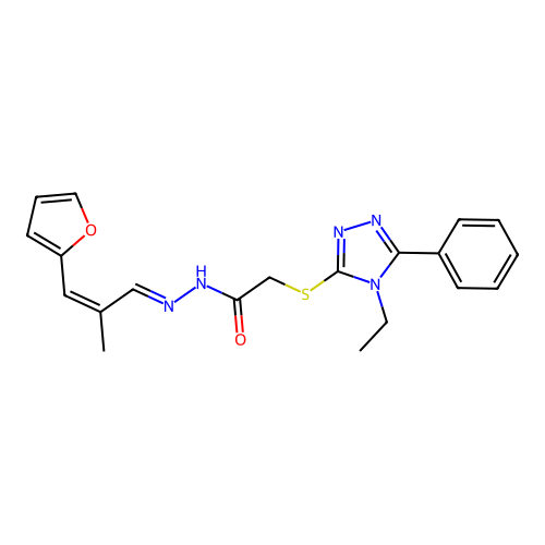 (4-Ethyl-5-phenyl-4H-[1,2,4]triazol-3-ylsulfanyl)-acetic acid [(Z)-3-furan-2-yl-2-methyl-prop-2-en-(E)-ylidene]-hydrazide structure