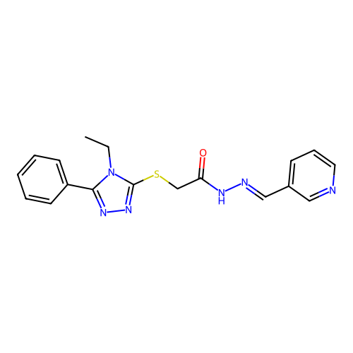 (E)-2-((4-ethyl-5-phenyl-4H-1,2,4-triazol-3-yl)thio)-N'-(pyridin-3-ylmethylene)acetohydrazide structure