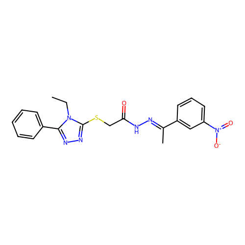 (E)-2-((4-ethyl-5-phenyl-4H-1,2,4-triazol-3-yl)thio)-N'-(1-(3-nitrophenyl)ethylidene)acetohydrazide structure