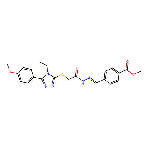 (E)-methyl 4-((2-(2-((4-ethyl-5-(4-methoxyphenyl)-4H-1,2,4-triazol-3-yl)thio)acetyl)hydrazono)methyl)benzoate structure