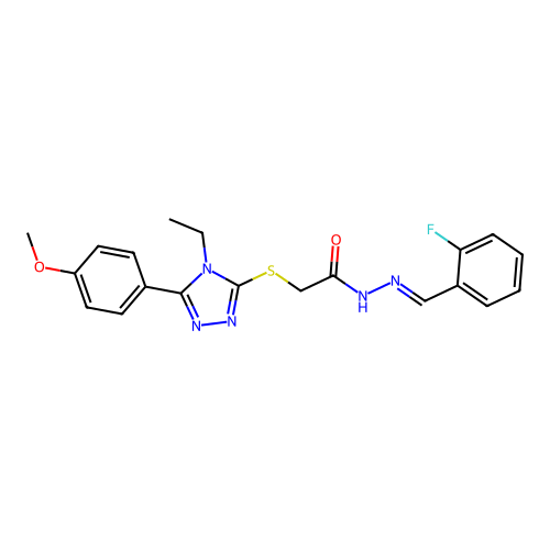 (E)-2-((4-ethyl-5-(4-methoxyphenyl)-4H-1,2,4-triazol-3-yl)thio)-N'-(2-fluorobenzylidene)acetohydrazide structure