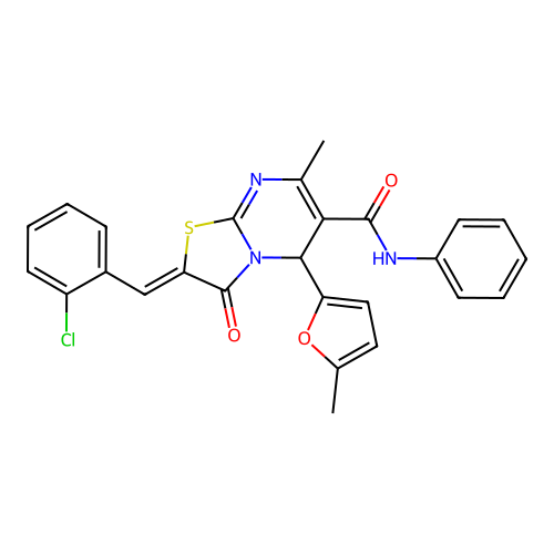 (2E)-2-[(2-chlorophenyl)methylidene]-7-methyl-5-(5-methylfuran-2-yl)-3-oxo-N-phenyl-2H,3H,5H-[1,3]thiazolo[3,2-a]pyrimidine-6-carboxamide structure