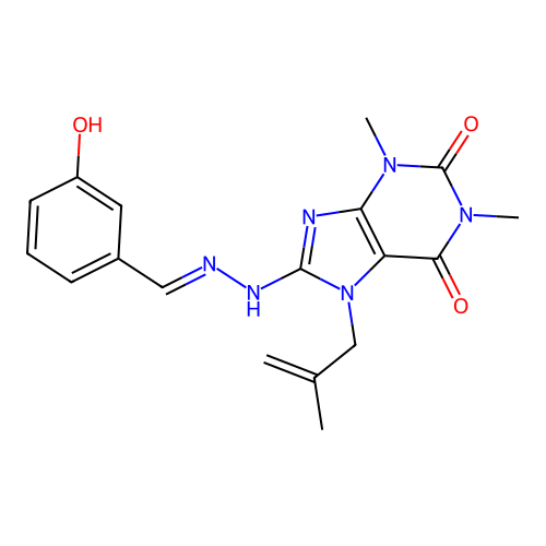 (E)-8-(2-(3-hydroxybenzylidene)hydrazinyl)-1,3-dimethyl-7-(2-methylallyl)-1H-purine-2,6(3H,7H)-dione structure