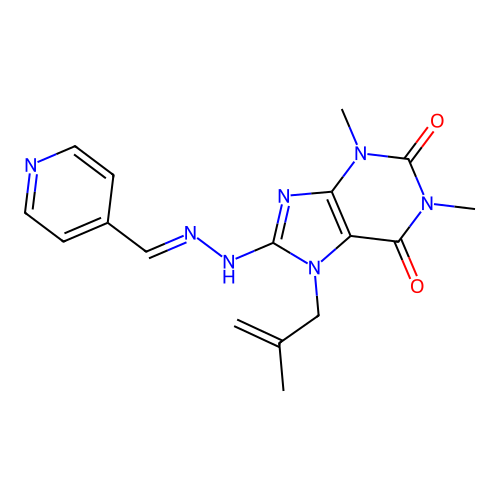 (E)-1,3-dimethyl-7-(2-methylallyl)-8-(2-(pyridin-4-ylmethylene)hydrazinyl)-1H-purine-2,6(3H,7H)-dione structure