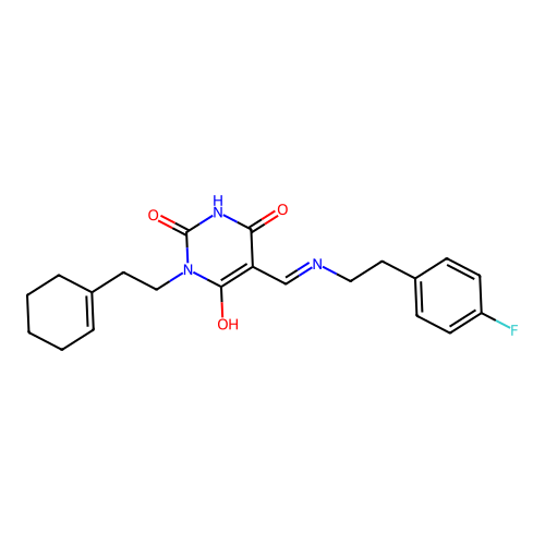 (5E)-1-[2-(1-Cyclohexen-1-yl)ethyl]-5-(([2-(4-fluorophenyl)ethyl]amino)methylene)-2,4,6(1H,3H,5H)-pyrimidinetrione # structure