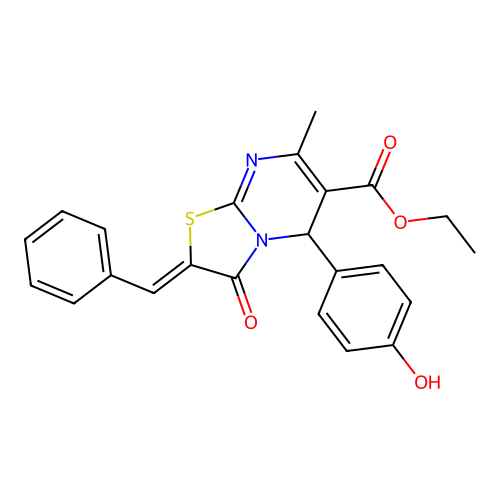 ethyl (2E)-5-(4-hydroxyphenyl)-7-methyl-3-oxo-2-(phenylmethylidene)-2H,3H,5H-[1,3]thiazolo[3,2-a]pyrimidine-6-carboxylate structure