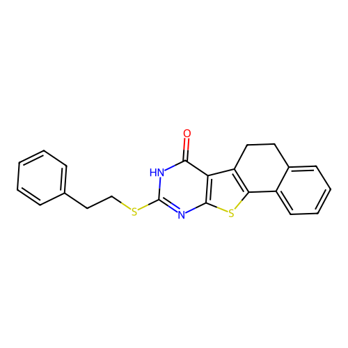 9-(phenethylthio)-5,6-dihydronaphtho[2',1':4,5]thieno[2,3-d]pyrimidin-7(8H)-one structure
