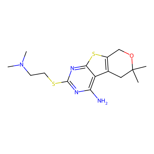 2-[2-(dimethylamino)ethylthio]-6,6-dimethyl-5,8-dihydropyrano[4,5]thieno[1,2-c]pyrimidin-4-amine structure