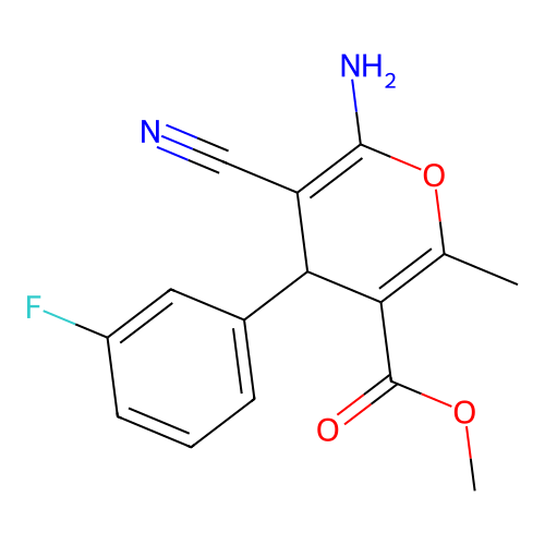 methyl 6-amino-5-cyano-4-(3-fluorophenyl)-2-methyl-4H-pyran-3-carboxylate structure
