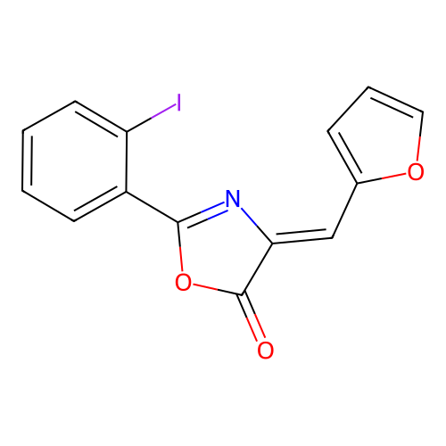 (4Z)-4-(furan-2-ylmethylidene)-2-(2-iodophenyl)-1,3-oxazol-5(4H)-one structure